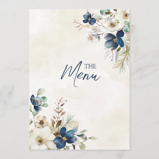 Elegant Blue Floral Winter Wedding Menu (Achterkant)