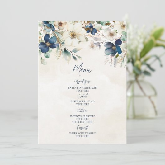 Elegant Blue Floral Winter Wedding Menu (Staand voorkant)