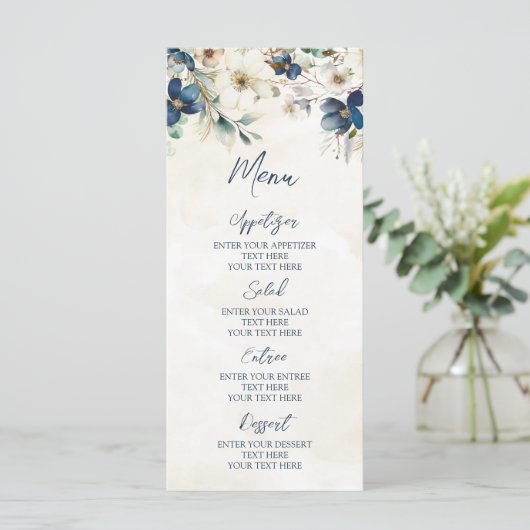 Elegant Blue Floral Winter Wedding Menu (Staand voorkant)