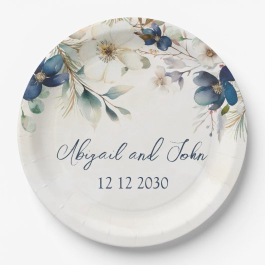 Elegant Blue Floral Winter Wedding Papieren Bordje (Voorkant)
