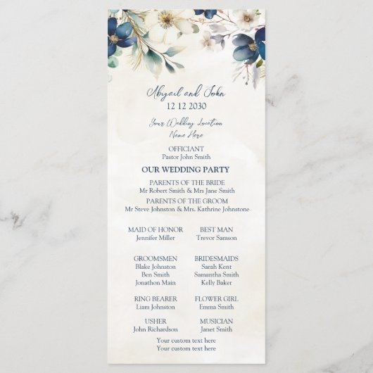 Elegant Blue Floral Winter Wedding Program Programmakaart (Achterkant)