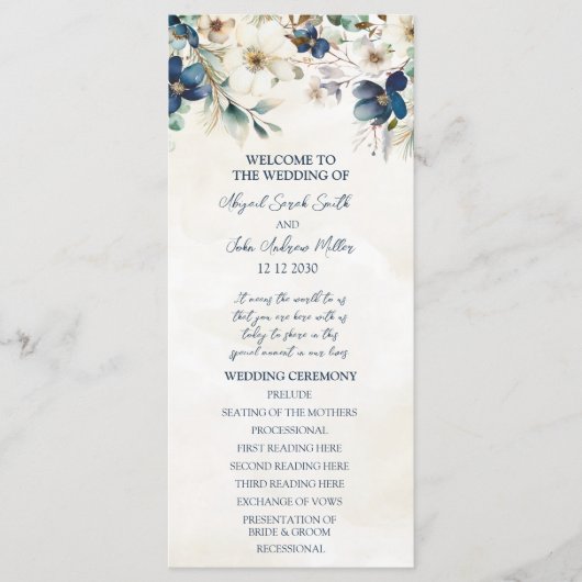 Elegant Blue Floral Winter Wedding Program Programmakaart (Voorkant)