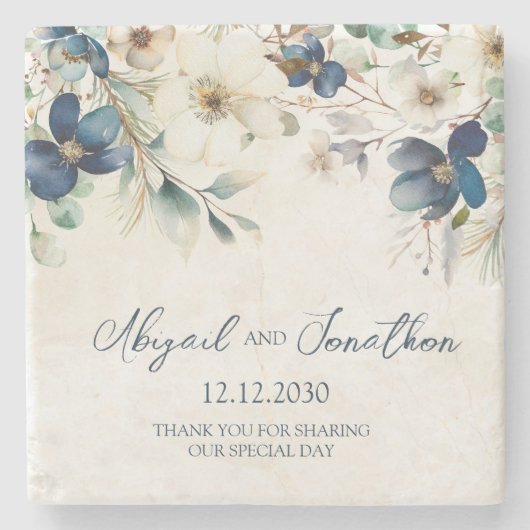 Elegant Blue Floral Winter Wedding Stenen Onderzetter (Voorkant)