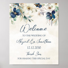 Elegant Blue Floral Winter Wedding Welcome Poster