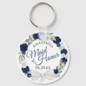 Elegant Blue Floral Wreath Maid of Honor Wedding Sleutelhanger (Voorkant)