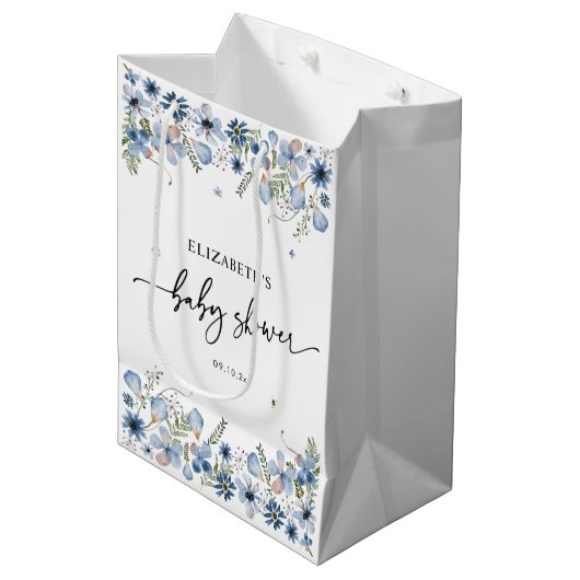 Elegant Blue Florals Baby shower Medium Gift Bag Cadeauzakje (Voorkant Gekanteld)