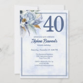 Elegant Blue Florals Women's 40th Birthday Party Kaart (Voorkant)