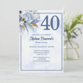 Elegant Blue Florals Women's 40th Birthday Party Kaart (Staand voorkant)