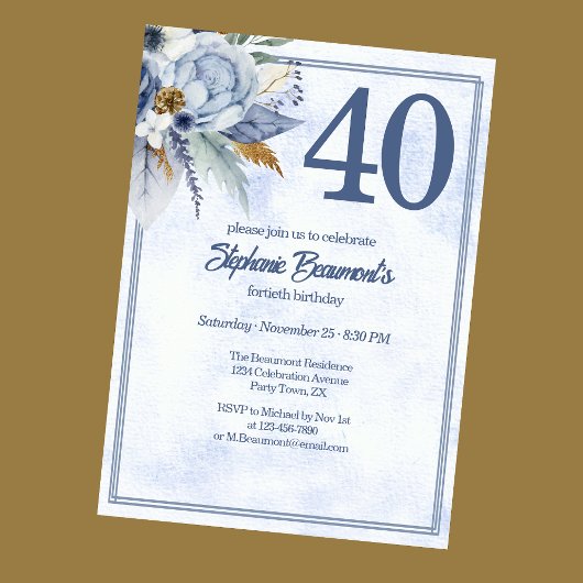 Elegant Blue Florals Women's 40th Birthday Party Kaart