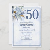 Elegant Blue Florals Women's 50th Birthday Party Kaart (Voorkant)
