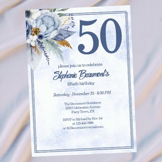 Elegant Blue Florals Women's 50th Birthday Party Kaart