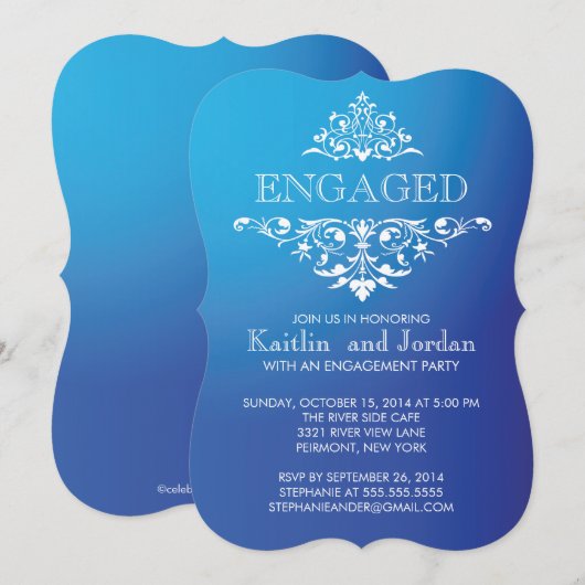 Elegant Blue Flourish Engagement Party Kaart (Voorkant / Achterkant)