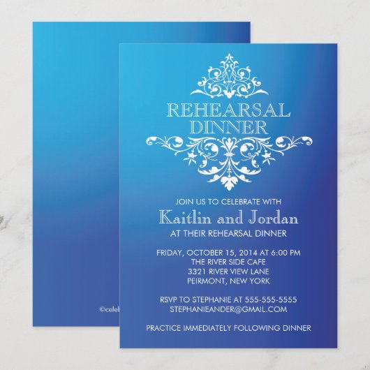 Elegant  Blue Flourish Rehearsal Dinner Kaart (Voorkant / Achterkant)