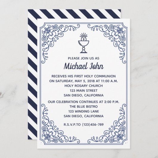 Elegant Blue flourish swirl boy First Community Kaart (Voorkant / Achterkant)