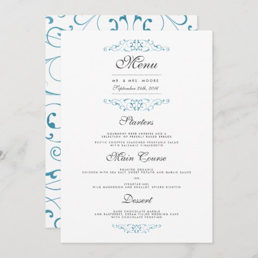 Elegant Blue Flourish Wedding Dinner Menu (Voorkant / Achterkant)