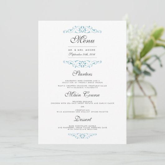 Elegant Blue Flourish Wedding Dinner Menu (Staand voorkant)