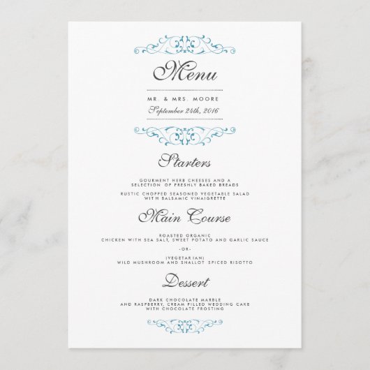 Elegant Blue Flourish Wedding Dinner Menu (Voorkant)