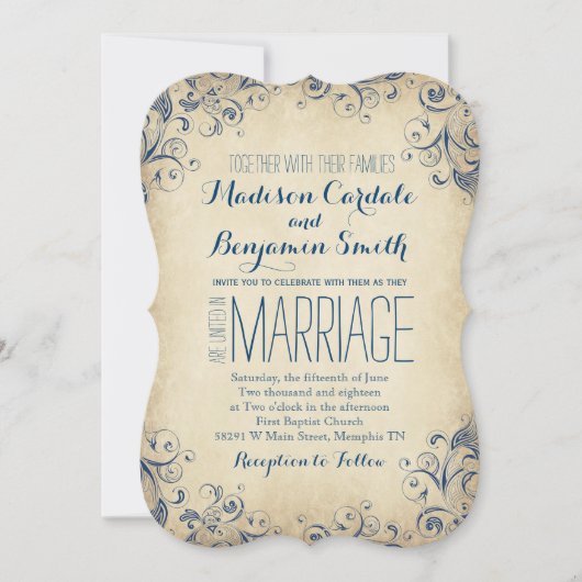 Elegant  Blue Flourish Wedding Invitations Kaart (Voorkant)