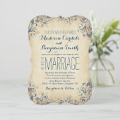 Elegant  Blue Flourish Wedding Invitations Kaart (Staand voorkant)