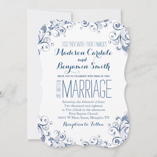Elegant  Blue Flourish Wedding Invitations Kaart (Voorkant)