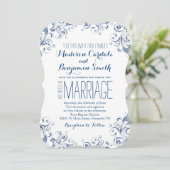 Elegant  Blue Flourish Wedding Invitations Kaart (Staand voorkant)