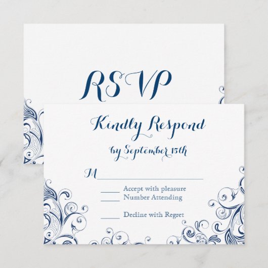 Elegant  Blue Flourish Wedding RSVP-kaarten RSVP Kaartje (Voorkant / Achterkant)