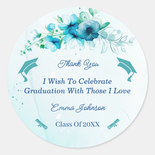 Elegant Blue Flower Afstuderen Gepersonaliseerd Ronde Sticker (Voorkant)