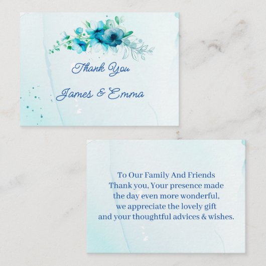 Elegant Blue Flower Gepersonaliseerd bruiloft Dank Notitiekaartje (Voorkant / Achterkant)