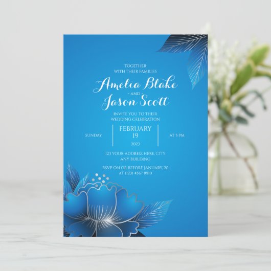 Elegant Blue Flower Wedding Invitation Kaart (Staand voorkant)