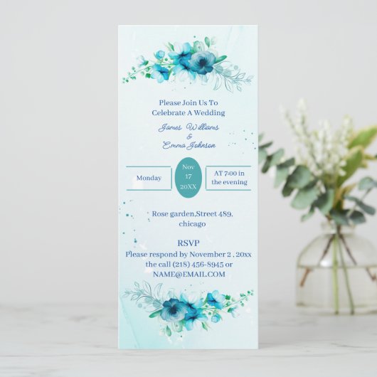 Elegant Blue Flower Wedding Invitation Kaart (Staand voorkant)