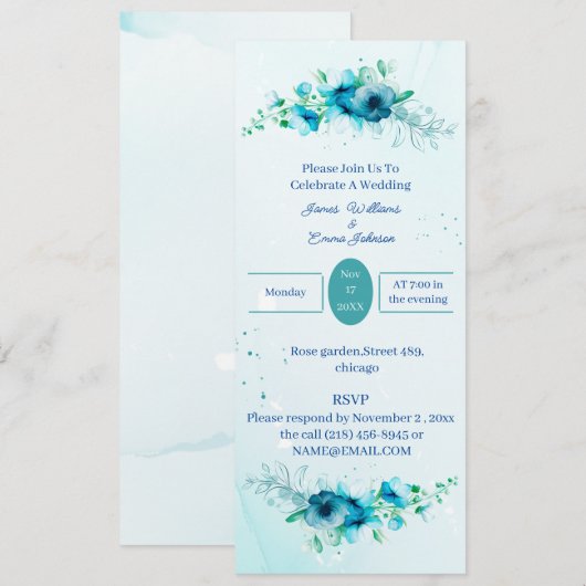 Elegant Blue Flower Wedding Invitation Kaart (Voorkant / Achterkant)