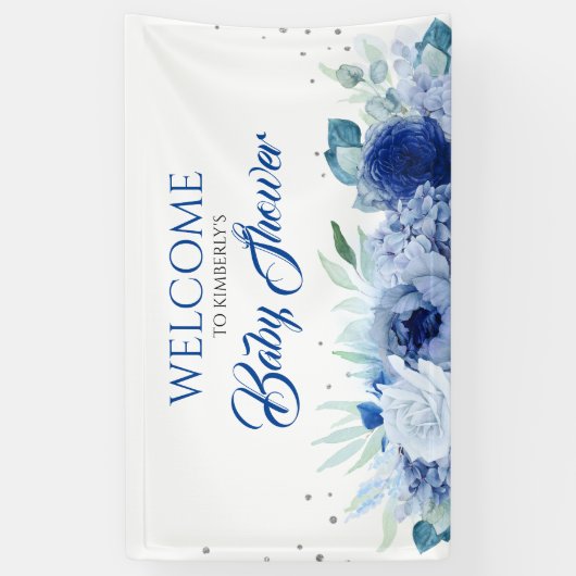 Elegant Blue Flowers Baby shower Welkom Spandoek (Verticaal)