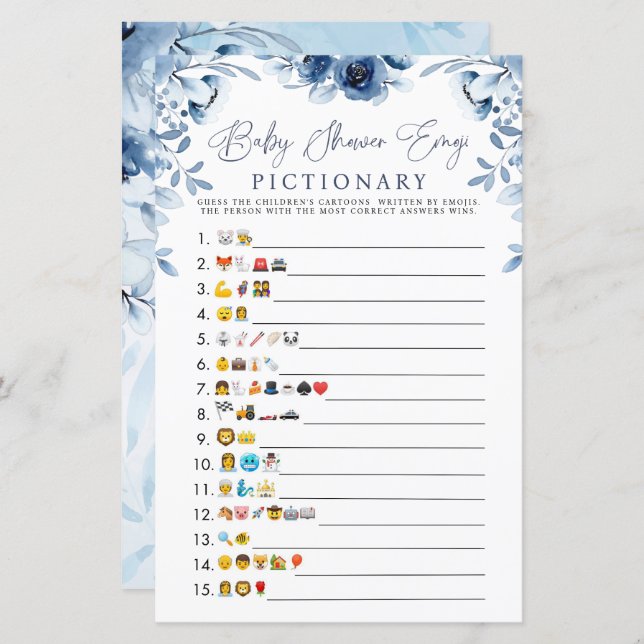 Elegant Blue Flowers Boy Baby shower Emoji Game (Voorkant / Achterkant)