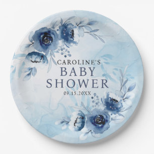 Elegant Blue Flowers Boy Baby shower Papieren Bordje