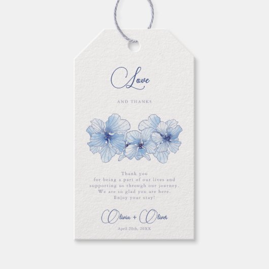 Elegant Blue Flowers Bruiloft Liefde en Bedankt Cadeaulabel (Voorkant)
