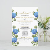 Elegant Blue Flowers Calligraphy Wedding Programme (Staand voorkant)