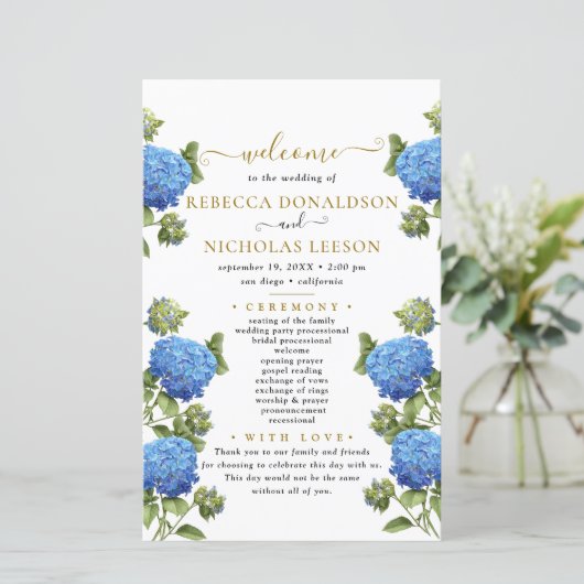 Elegant Blue Flowers Calligraphy Wedding Programme (Staand voorkant)