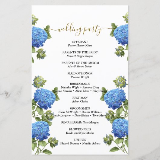 Elegant Blue Flowers Calligraphy Wedding Programme (Achterkant)