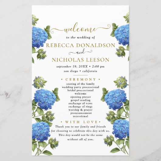 Elegant Blue Flowers Calligraphy Wedding Programme (Voorkant)