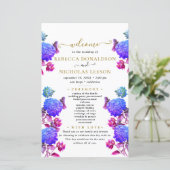 Elegant Blue Flowers Calligraphy Wedding Programme (Staand voorkant)