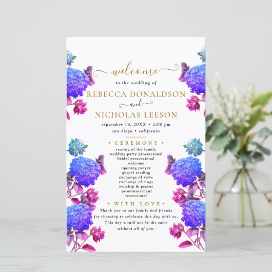 Elegant Blue Flowers Calligraphy Wedding Programme (Staand voorkant)