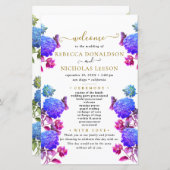 Elegant Blue Flowers Calligraphy Wedding Programme (Voorkant / Achterkant)