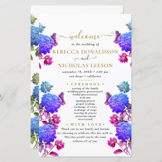 Elegant Blue Flowers Calligraphy Wedding Programme (Voorkant / Achterkant)
