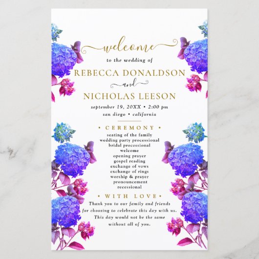 Elegant Blue Flowers Calligraphy Wedding Programme (Voorkant)