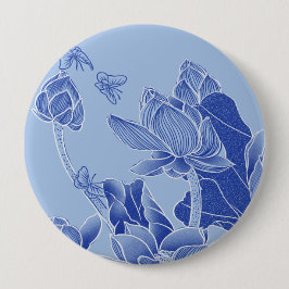 Elegant Blue Flowers Chinoiserie Lotus Mandala Ronde Button 4,0 Cm