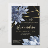 Elegant Blue Flowers en Gold Birthday Party Kaart (Voorkant)