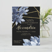 Elegant Blue Flowers en Gold Birthday Party Kaart (Staand voorkant)