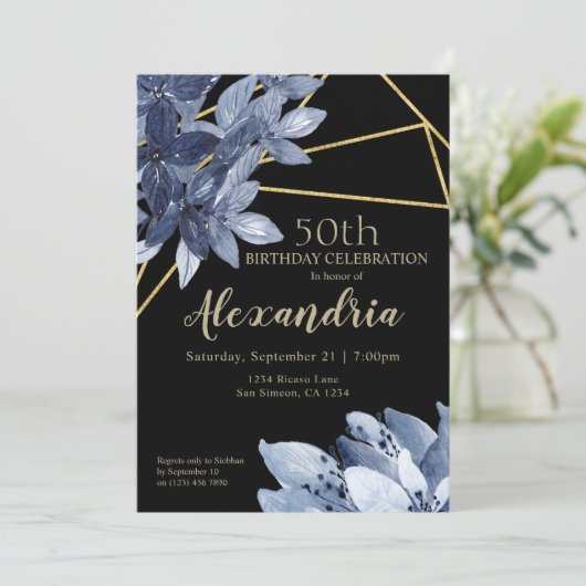 Elegant Blue Flowers en Gold Birthday Party Kaart (Staand voorkant)