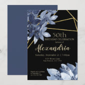 Elegant Blue Flowers en Gold Birthday Party Kaart (Voorkant / Achterkant)