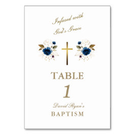 Elegant Blue Flowers Gold Cross Boy Baptisme Kaart